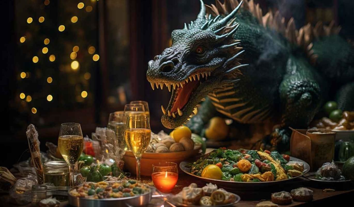 Новый год 2024 2 канал. Новогодний дракон. Блюда на год дракона 2024 новогодний стол. Новый год дракона 2024. Новогодний стол на 2024 год дракона.